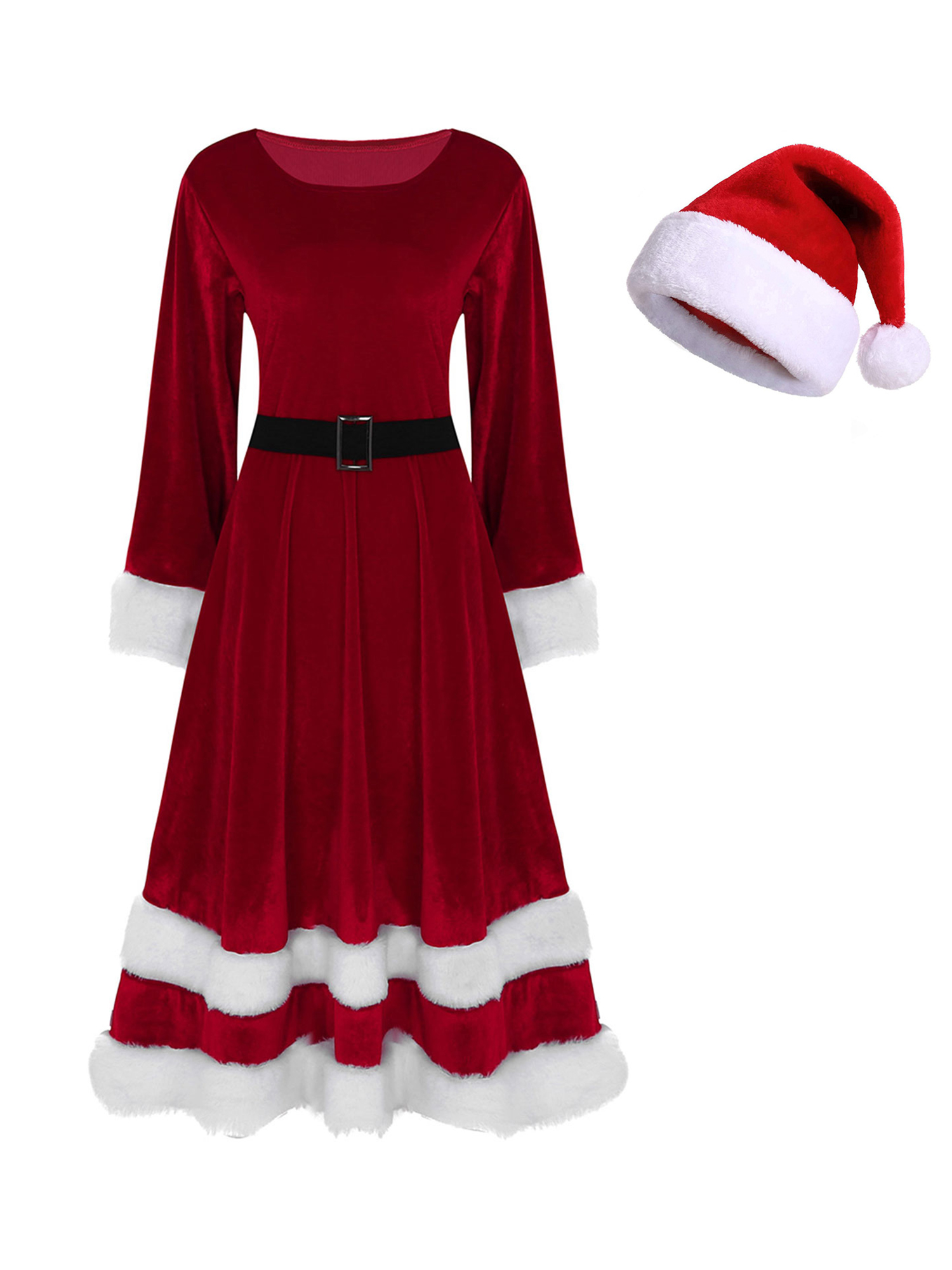 Sxiwei Women Christmas Mrs. Claus Costume Set Cosplay Outfit Velvet Santa Dress with Hat Red L